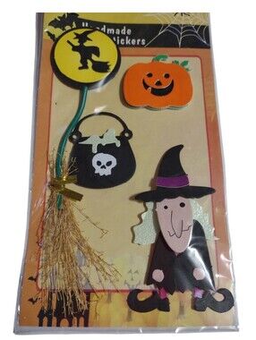 Vintage Handmade Halloween Stickers Set Witch Pumpkin Broom Cauldron Scrapbook